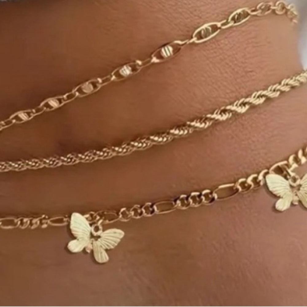 3 Pcs Simple Butterfly Anklets Set Charm Layered Beach Anklet